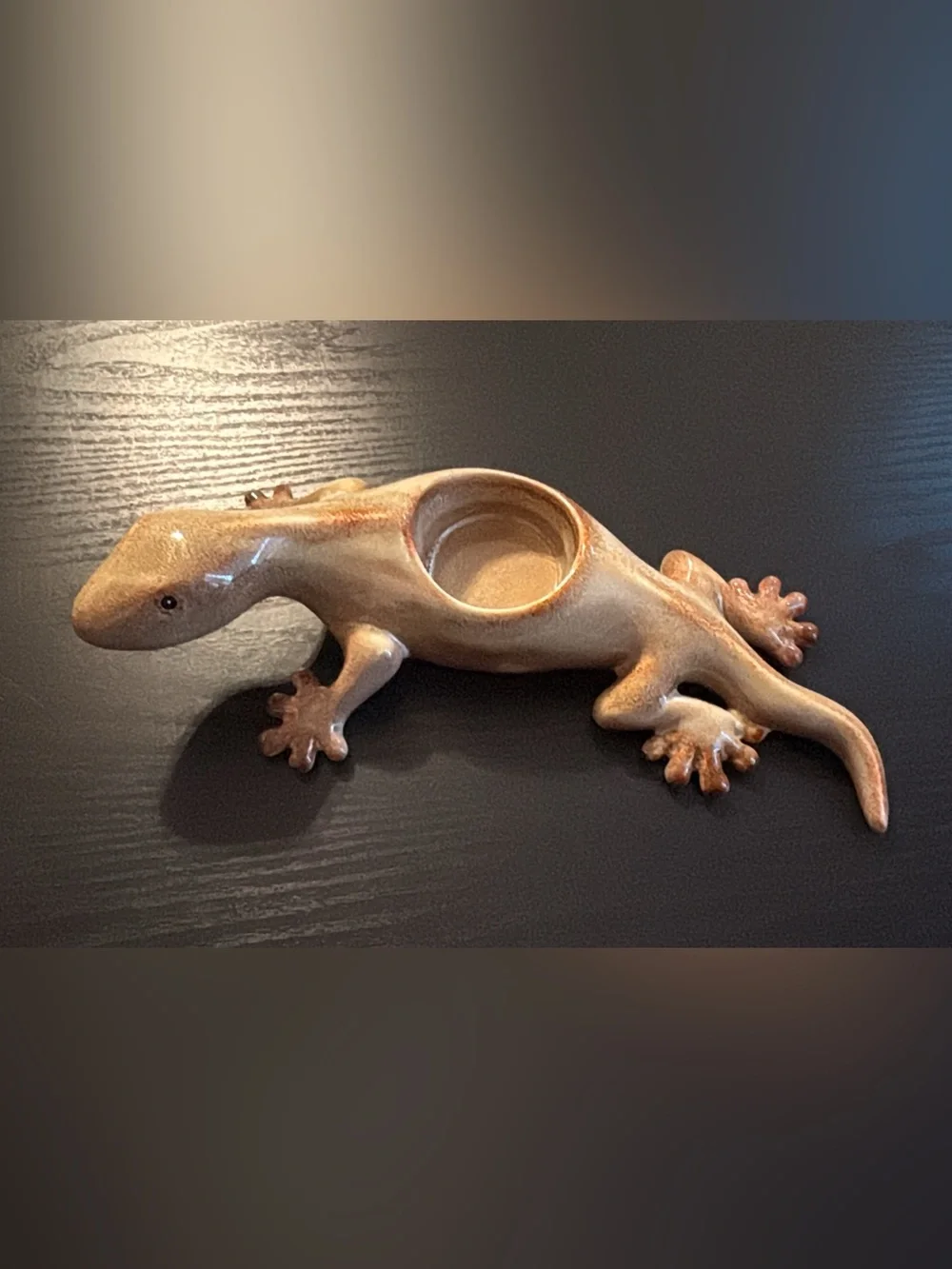 PartyLite Tropical Gecko Tealight Candle Holder Glazed Beige Ceramic 9.5”